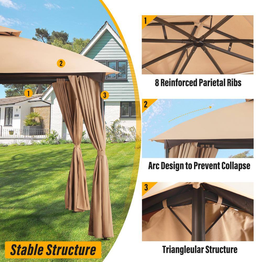 10x10 Khaki Steel Patio Gazebo with Privacy Curtains