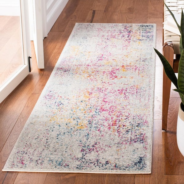 Evoke Ivory/Fuchsia 2 ft. x 7 ft. Distressed Border Medallion Runner Rug