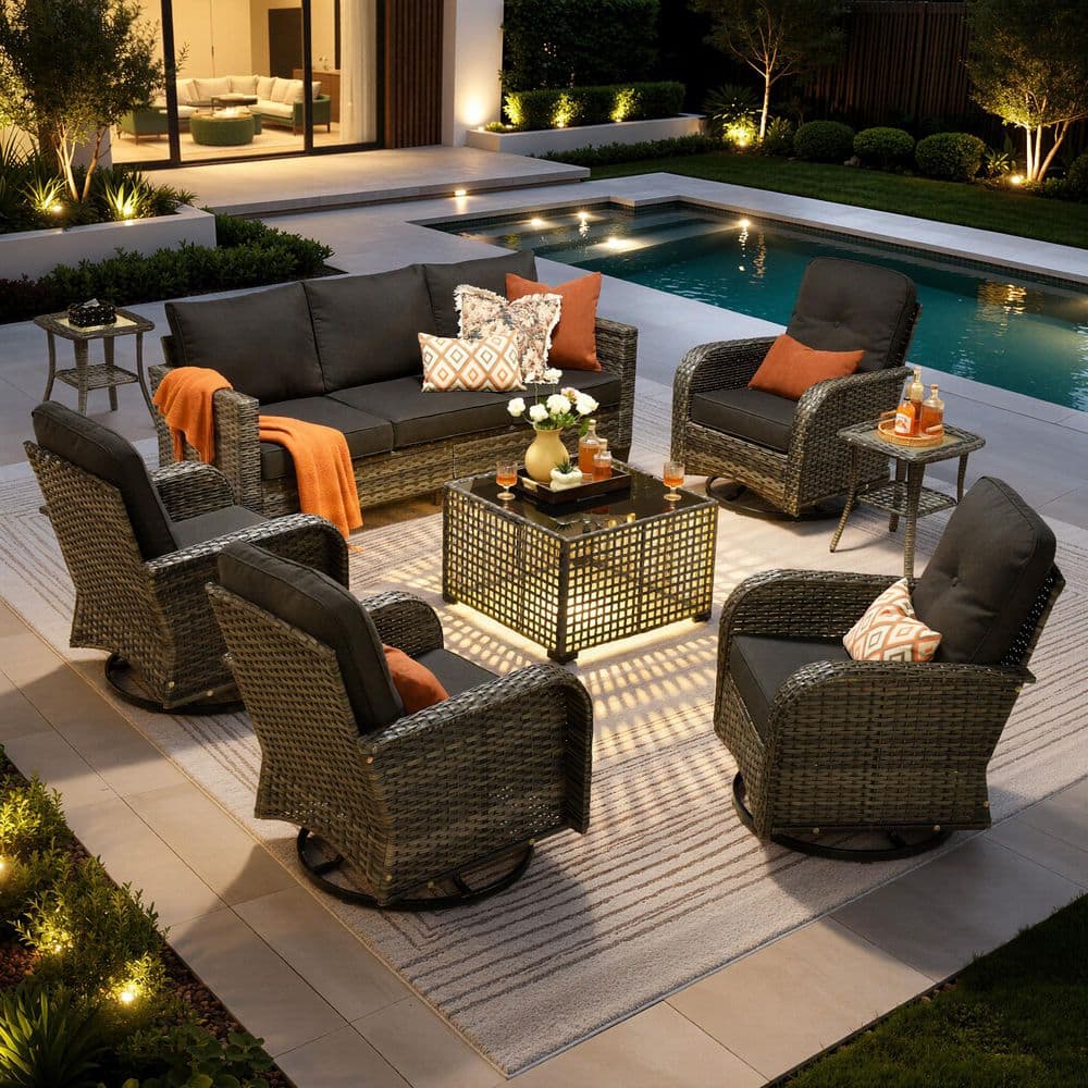 Positano Gray 8-Piece Wicker Patio Conversation Set with Black Cushions and Solar LED Coffee Table
