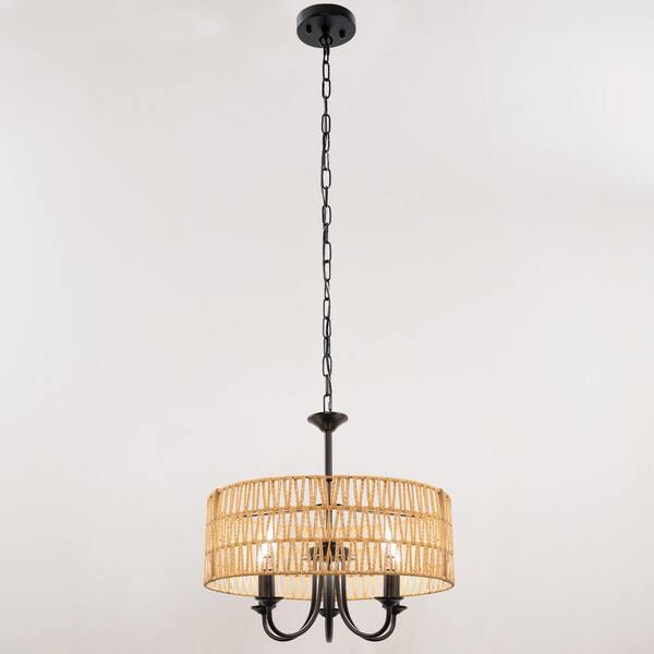 のん Briignite 5-Light Modern Farmhouse Rattan Pendant Light, Brown