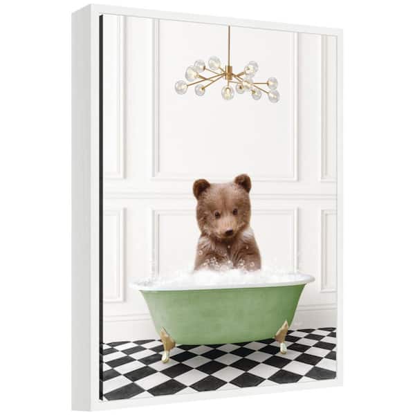Sylvie "Bear Cub in Green Bathtub Checker Floor" by Amy Peterson Animals Framed Art Print 24 in. x 18 in.