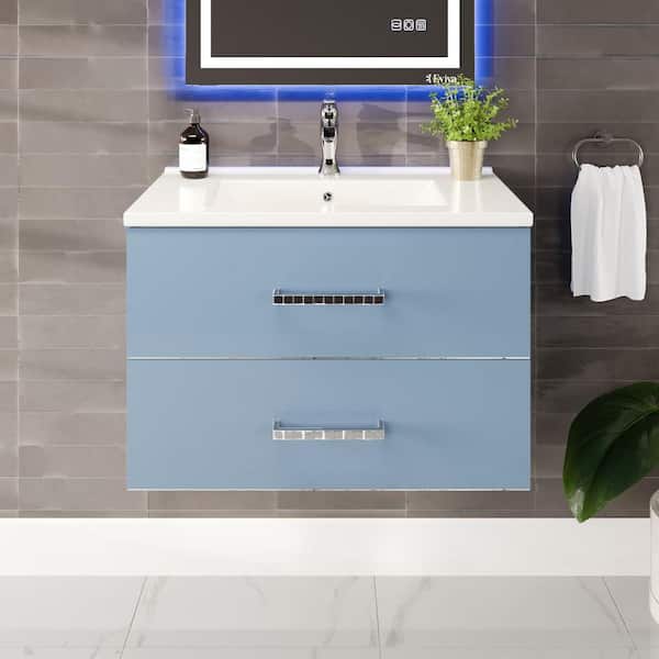 Daytona 32 in. Single Sink Floating Blue Bath Vanity with White Porcelain Top (Assembled)