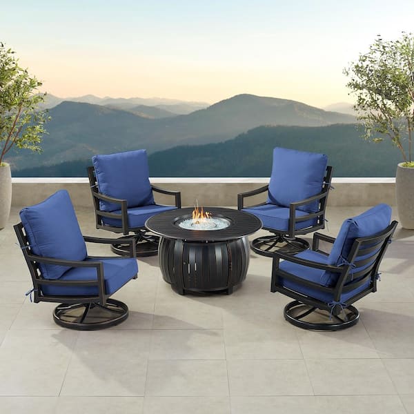 Oakland Living Black 7-Piece Aluminum Patio Fire Pit Set with 4-Club Chairs Blue Cushions