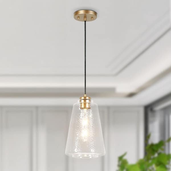 LNC Modern 60-Watt 1-Light Satin Gold Bell Pendant Light with Hammered Glass Shade and No Bulbs Included