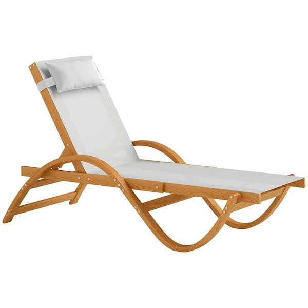 Larch Wood Lounge Chair, 4-Level Adjustable Tanning Chair, Full Flat Patio Lounger, Cream White
