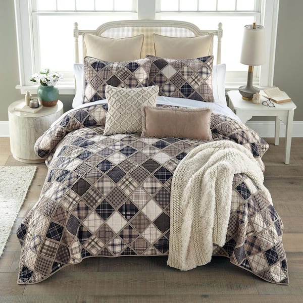 Driftwood 3-Piece Beige and Black Cotton King Quilt Set