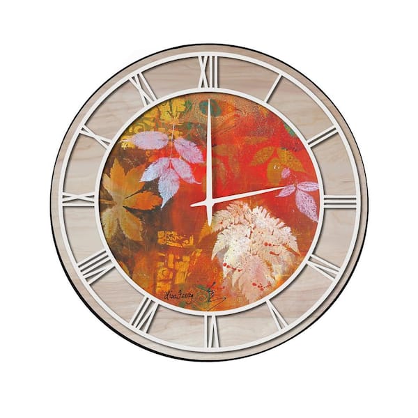 Unbranded "Leaves Red" Woodgrain Accent and White Numbers Imaged Wall Clock
