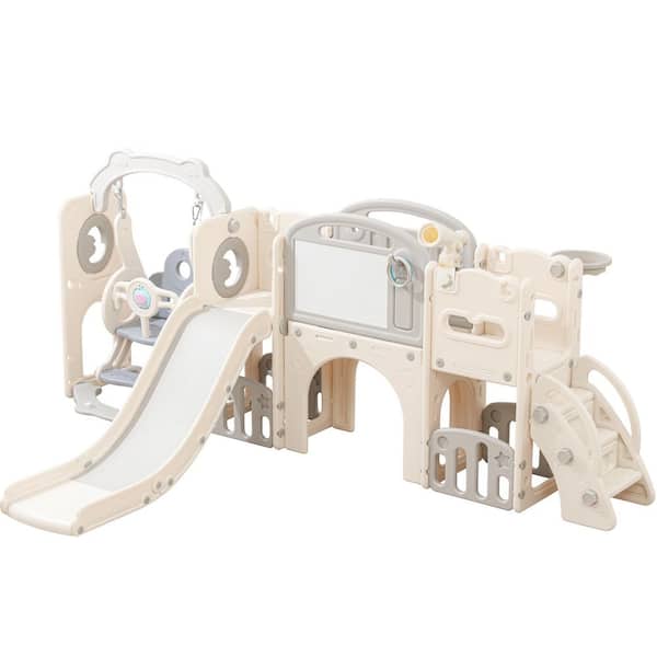 Beige 12 in 1 Indoor/Outdoor Playset with Swing, Slide & Basketball Hoop