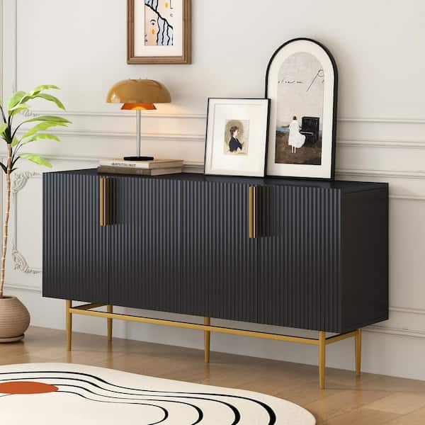 CSC DECOR INC Black Wood 60 in. Modern Elegant Sideboard 4-Door Buffet Cabinet Storage Accent Cabinet with Adjustable Shelves