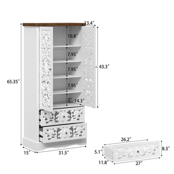 FUFU&GAGA 66.1 in. Tall White Wood 5-Shelf Carved Door Accent