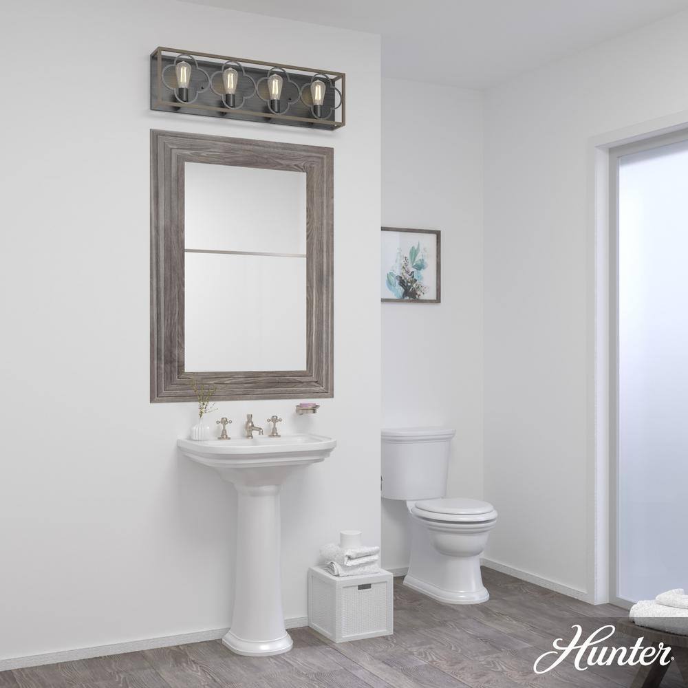 French Oak and Black Iron 4-Light Vanity Fixture