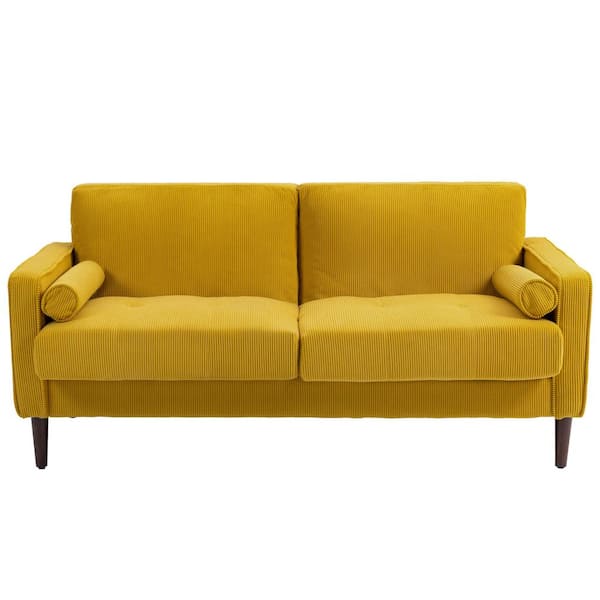 Uixe 63.3 in. Straight Arm Corduroy Fabric Upholstered Rectangle 2-Seater Sofa in. Yellow with Wood Legs