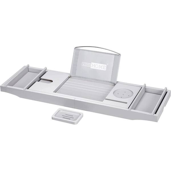 VIVOHOME Expandable 43 in. Bamboo Bathtub Caddy Tray in Gray with Holders, Soap Tray, Wine Glass Slot