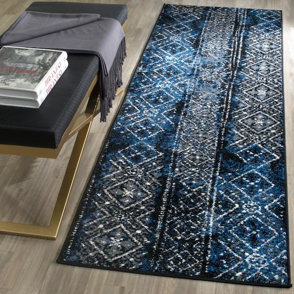 Adirondack Blue/Black 3 ft. x 10 ft. Border Runner Rug