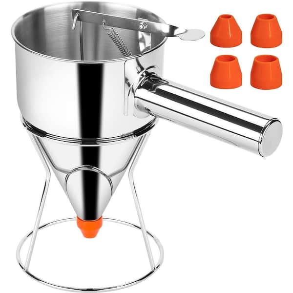 Silver Stainless Steel 40 oz. Pancake Batter Dispenser with Squeeze Handle and Multi-Nozzle for Pancakes Cupcakes Baked