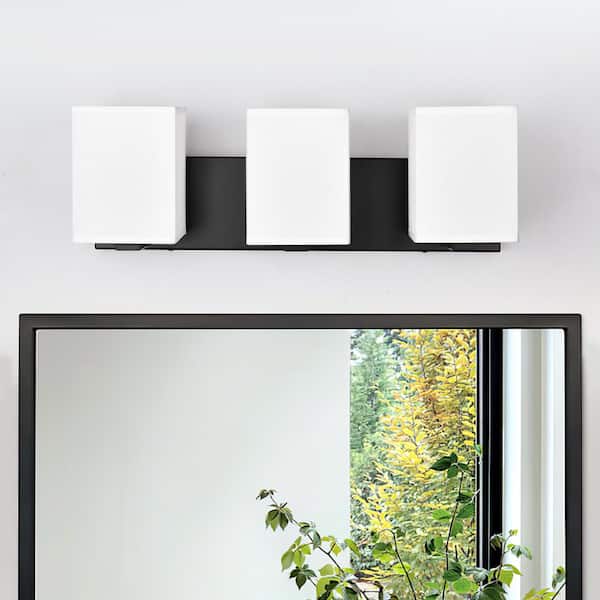 PAKOKULA Modern 20.5 in. 3 Light Black Bathroom Vanity Light with White Rectangular Fabric Shade
