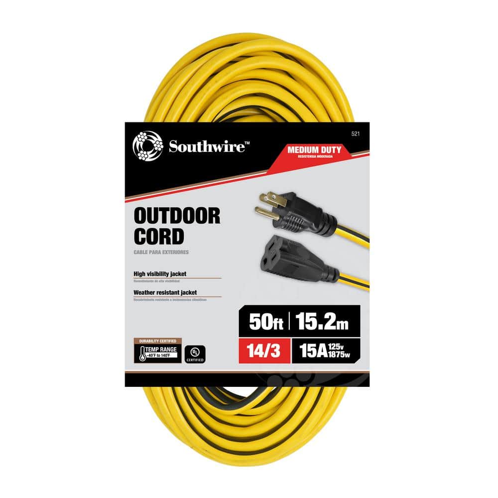 Woods 0521 14/3 SJTW High Visibility Outdoor Extension Cord, 50-Feet, Yellow/Black