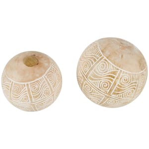 Cream Handmade Mango Wood Decorative Ball Orbs And Vase Filler with Carved Tribal Patterns (2- Pack)