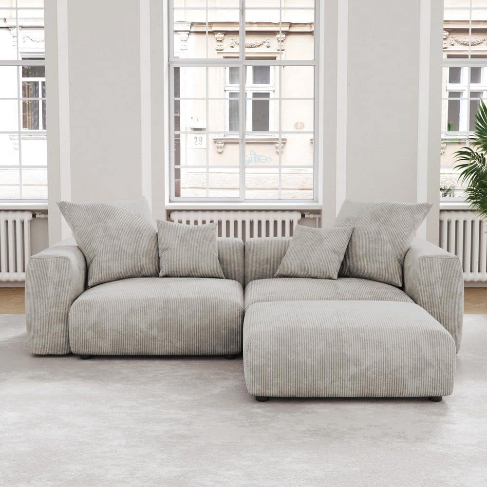102.36 in. Wide Square Arm Corduroy Modular Sectional Deep Seat with Removable Covers and Ottoman Sofa in Gray