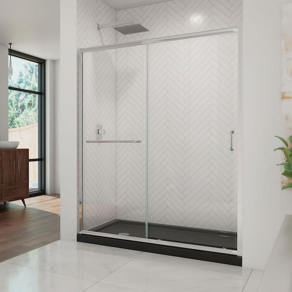 DreamLine Infinity-Z 36 in. x 60 in. Semi-Frameless Sliding Shower Door in Chrome with Left Drain Shower Base in Black