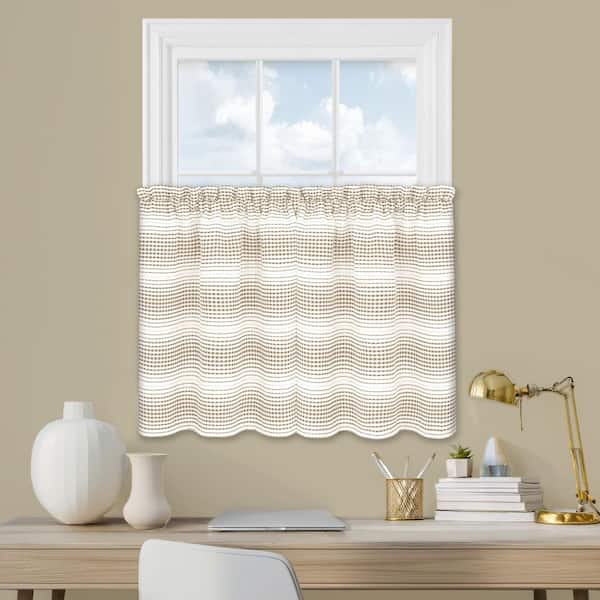 Gramercy Taupe Polyester Gradient Stripe 58 in. W x 36 in. L Waffle Weave Indoor Rod Pocket Tier Curtain Pair
