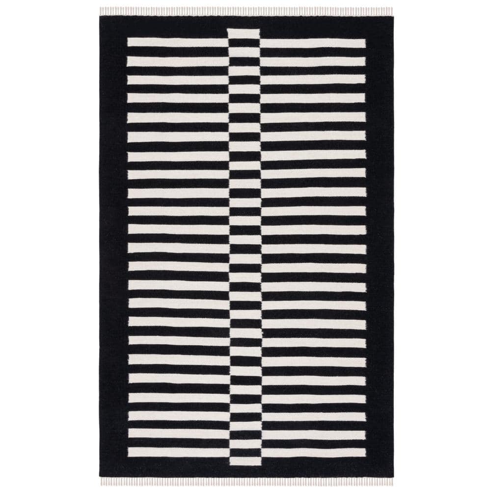 Handmade Black and White Wool Striped Rectangular Rug