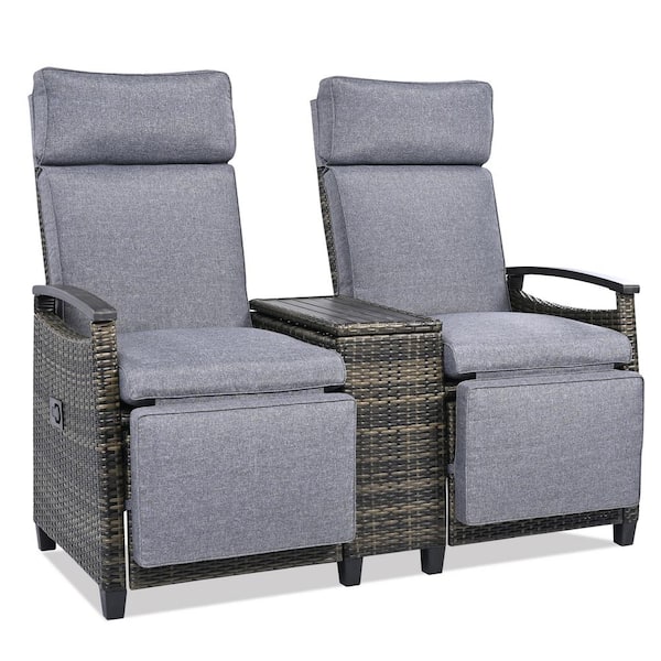 Zeus & Ruta 2-Person Gray Wicker Outdoor Recliner Loveseat Chair with Gray Cushion, Adjustable Backrest, Wood Armrests Storage Table