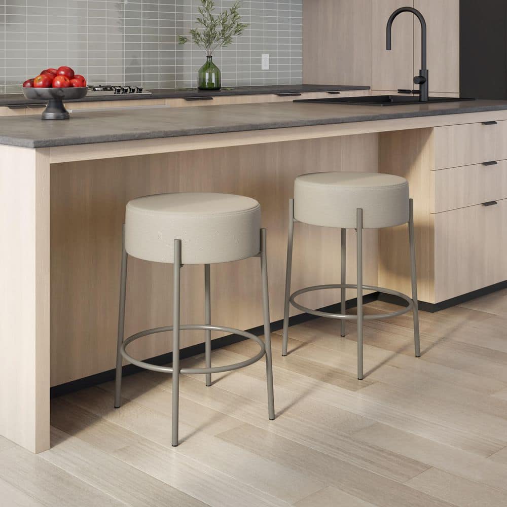 Clovis Greige Faux Leather and Grey Metal 26.75" Backless Counter Stool