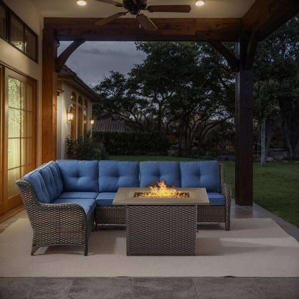 Brown 2-Piece Wicker Patio Fire Pit Set, Outdoor 6-Seater Sectional Seating Set with Olefin Navy Blue Cushions