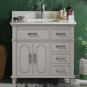 Solid-Wood 48 in. W x 22 in. H x 38 in. D Bath Vanity in Gray with White Stone Top, Cabinet and Single Sink
