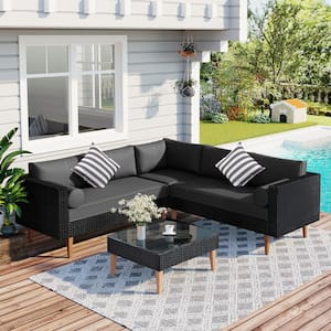 4-Piece Patio PE Black Rattan Wicker Outdoor L-Shape Conversation Sectional Set with Gray Cushions and Colorful Pillows