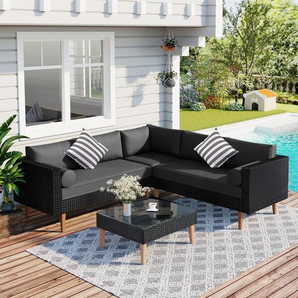 Runesay 4-Piece Patio PE Black Rattan Wicker Outdoor L-Shape Conversation Sectional Set with Gray Cushions and Colorful Pillows