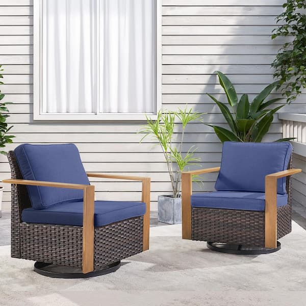 Brown Wicker Outdoor Rocking Chairs, Swivel Patio Chairs with Wood-Looking Metal Arms with Blue Cushions (2-Pack)