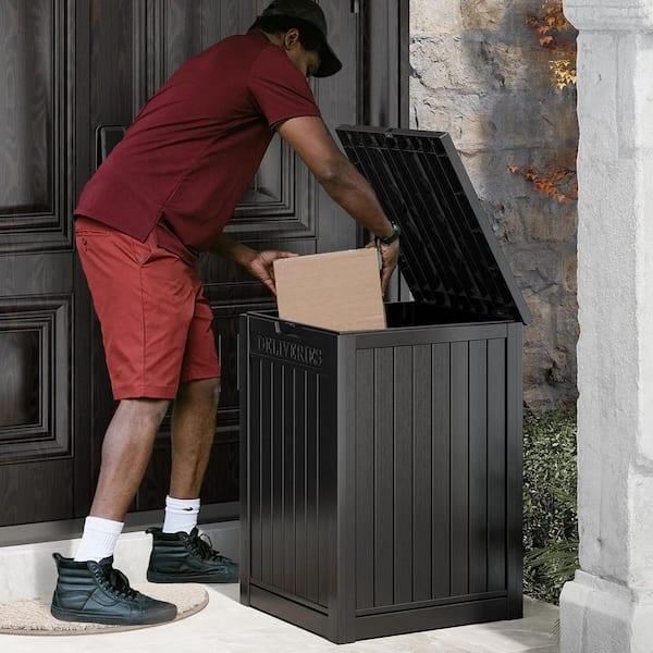 48 Gal. Black Resin Storage with Lockable Secure, Large Double Wall Outdoor Package Delivery Box Waterproof Deck Box