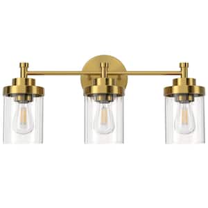 18 in. 3-Light Antique Brass Modern Dimmable Vanity Light with Clear Ribbed Glass Shades E26 Sockets