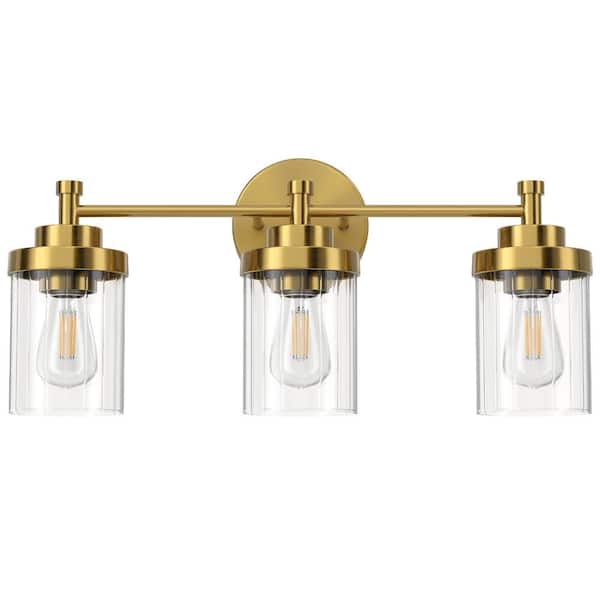 Merra 18 in. 3-Light Antique Brass Modern Dimmable Vanity Light with Clear Ribbed Glass Shades E26 Sockets