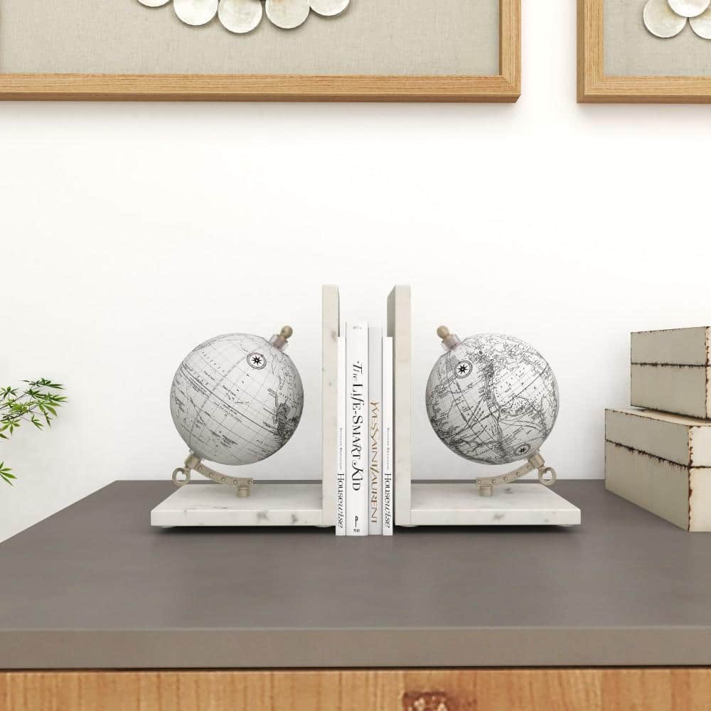 White Marble Globe Bookends with Silver Metal Accents, Set of 2