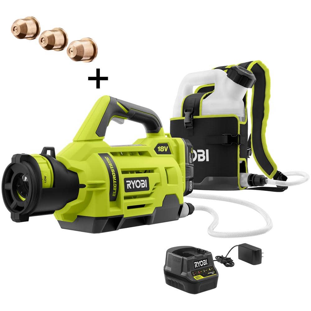 RYOBI ONE+ 18V Cordless Electrostatic Gal. Sprayer w/ Extra (2) Med.   (1) High Nozzles, (2) 2.0 Ah Batteries,  (1) Charger P2870-A14 The Home  Depot