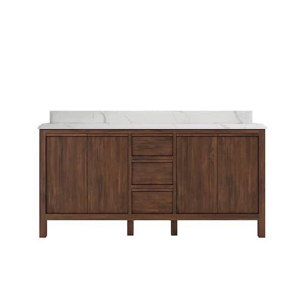 Elizabeth Teak 72 in. W x 22 in. D x 36 in. H Double Sink Bath Vanity in Dark Walnut with 1.5 in. Calacatta Laza Top