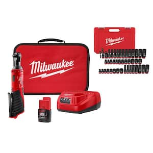 M12 12V Lithium-Ion 3/8 in. Cordless Ratchet Kit w/SHOCKWAVE 3/8 in. Drive SAE/Metric 6 Point Impact Socket Set (43-PC)