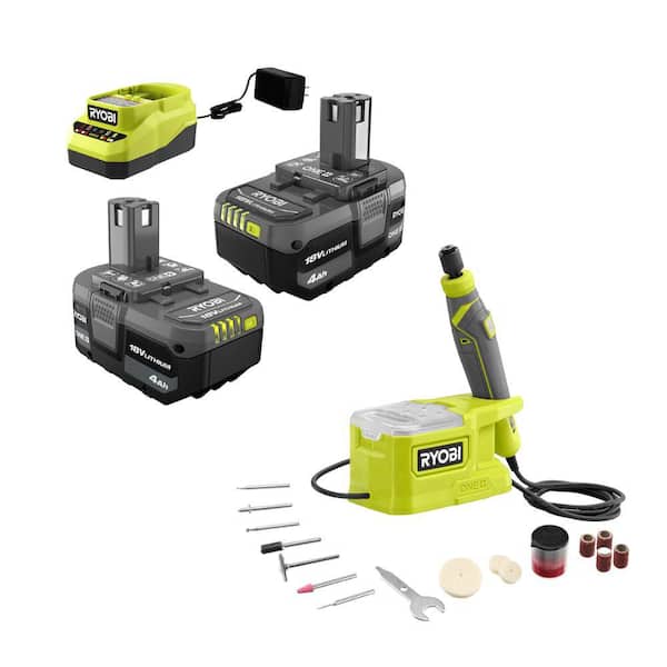 Daggry Baglæns Observere RYOBI ONE+ 18V Lithium-Ion 4.0 Ah Compact Battery (2-Pack) and Charger Kit  with Free Cordless Precision Rotary Tool PSK006-PRT100B - The Home Depot