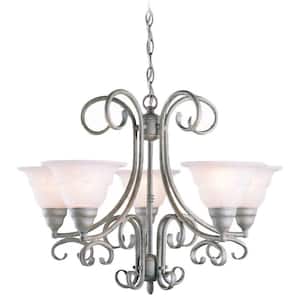 Toledo Collection 5-Light Antique Silver Pendant Chandelier with Alabaster Glass Bell Shades