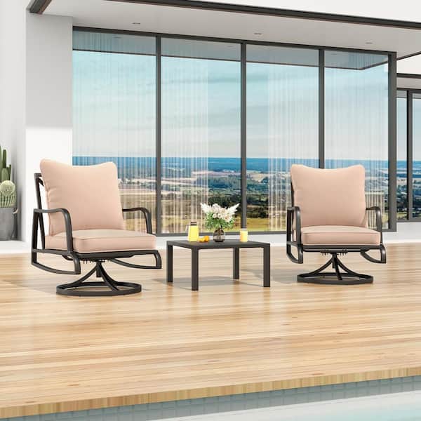 Outdoor 2-Piece Swivel Chairs Sofa and Coffee Table Metal Patio Furniture Set with Beige Cushions