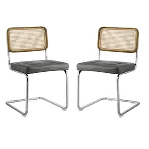 SIASY Gray Faux Leather Accent Cane Side Chair with Woven Rattan Oak Wood Backrest and Chromed Metal Frame (Set of 2)