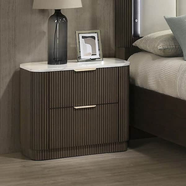 Prista Modern Dark Walnut 2-Drawer 26 in. W Nightstand With Faux Marble Top