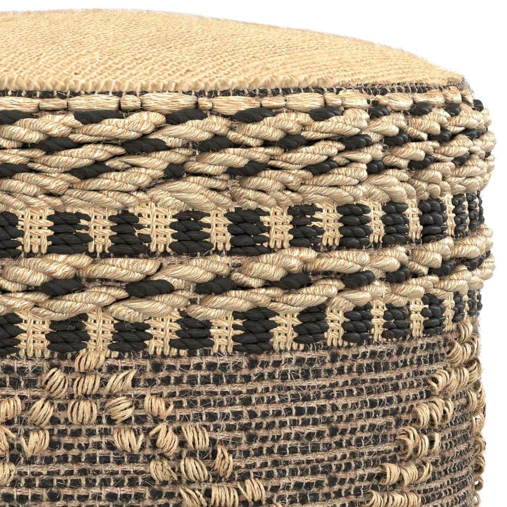Stella Round Black and Natural Jute Woven Pouf