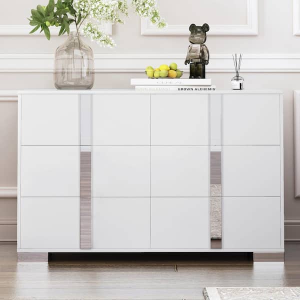 Harper & Bright Designs Elegant White 6-Drawer 47.2 in. Wide Dresser with Handle, Mirrored Storage Cabinet