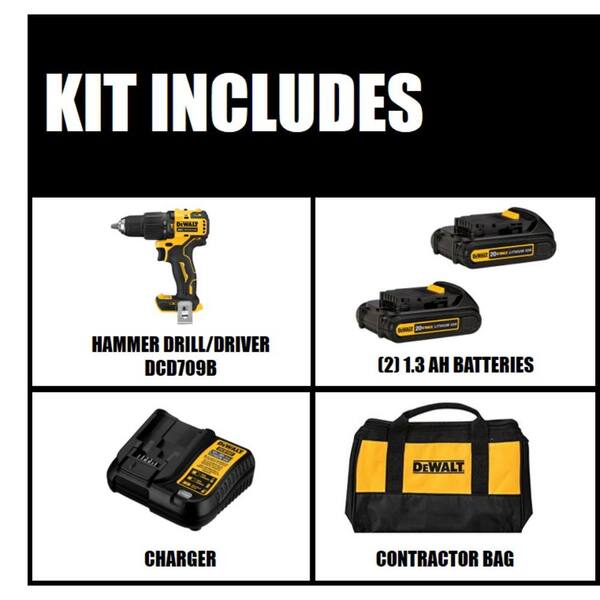 DEWALT 20V MAX Cordless Compact 1/2 in. Hammer Drill/Driver, Mech Tool Set  (108 Piece), and (2) 20V 1.3Ah Batteries DCD785C2DWMT73801 - The Home Depot