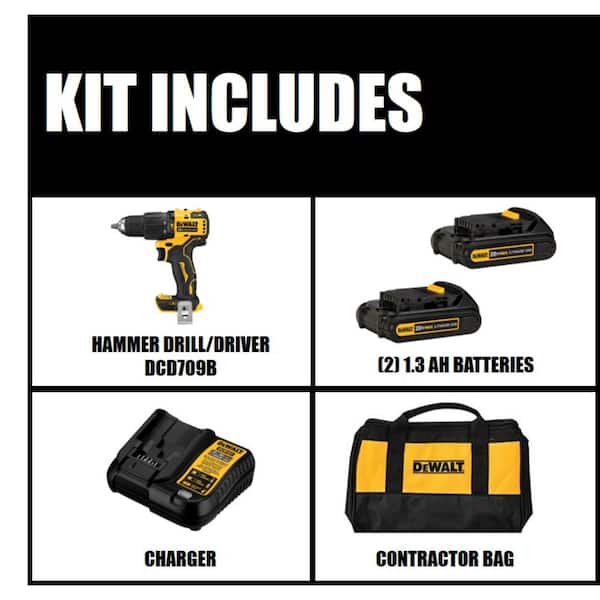 DEWALT DCD709C2 ATOMIC 20V MAX Cordless Brushless Compact 1/2 in. Hammer Drill, (2) 20V 1.3Ah Batteries, Charger, and Bag - 2