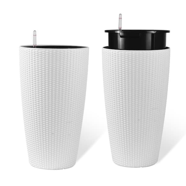 Penelope Faux Rattan 22.44 in. Tall White Polypropylene Plastic Round Planters with Auto Watering and Monitor (2-Pack)